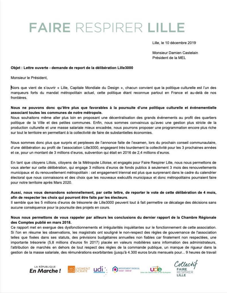 Lettre ouverte  demande de report de la délibération Lille3000